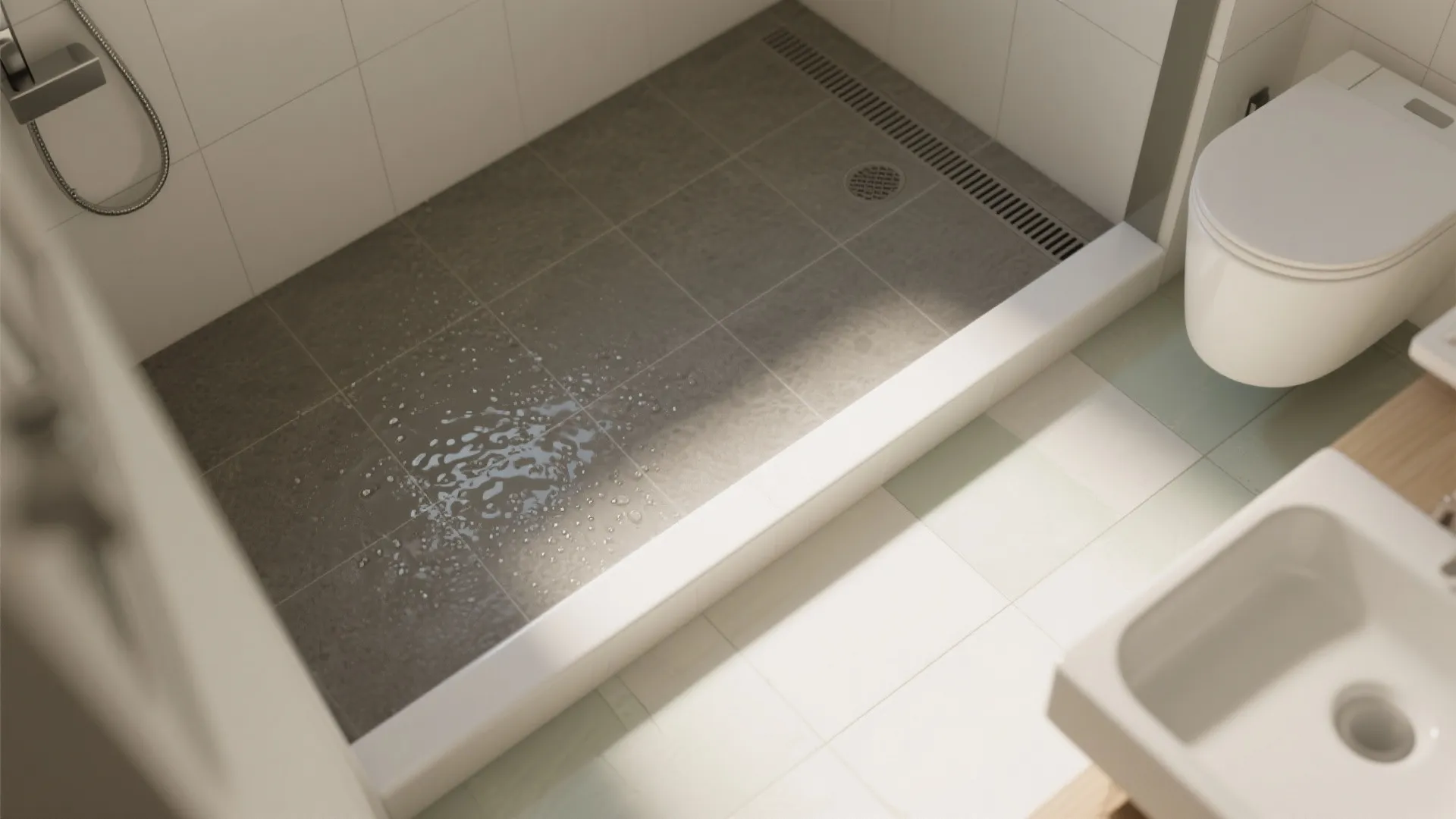 Top-down floor view showing wet and dry matte tile zones with a linear drain and curbless entry.