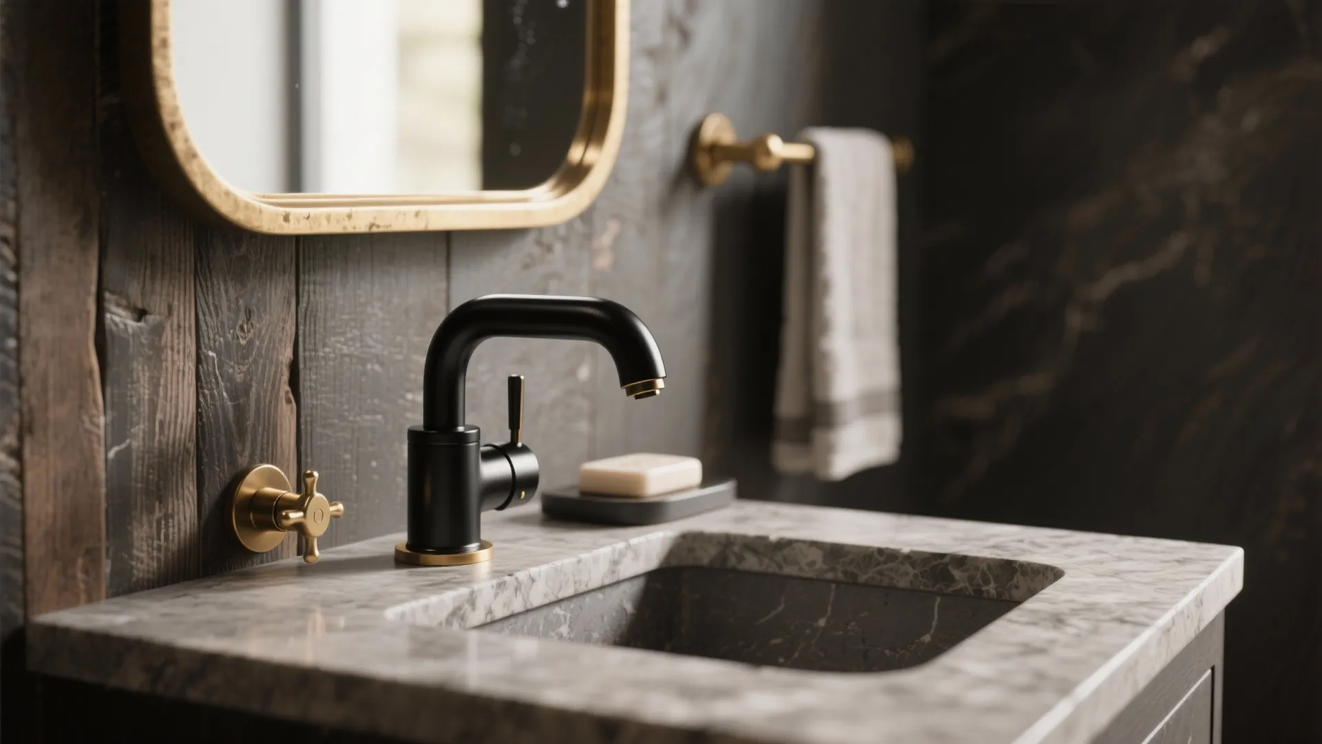 2. Matte Black Fixtures and Soft Brass Accents