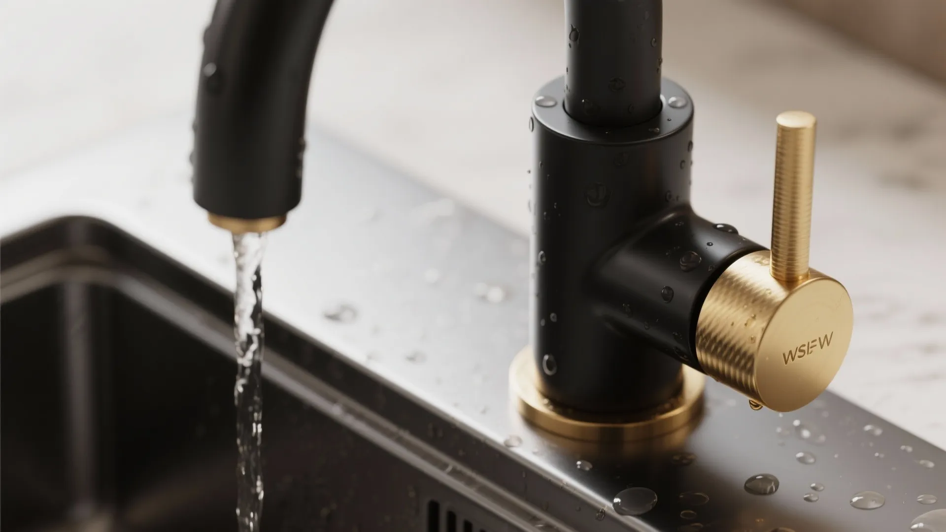 Matte black and gold kitchen faucet with running water into a dark stainless steel sink