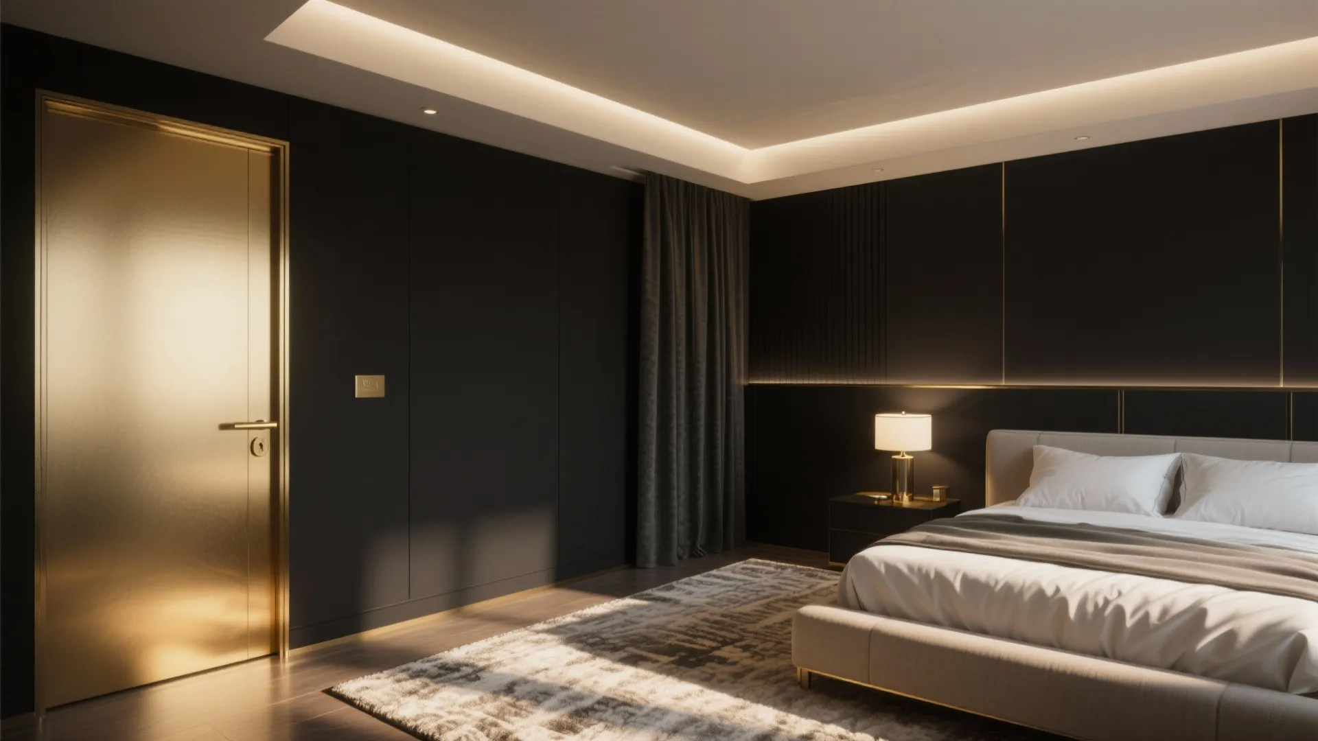Bedroom corner with matte black wall and brushed gold hardware under warm layered lighting.