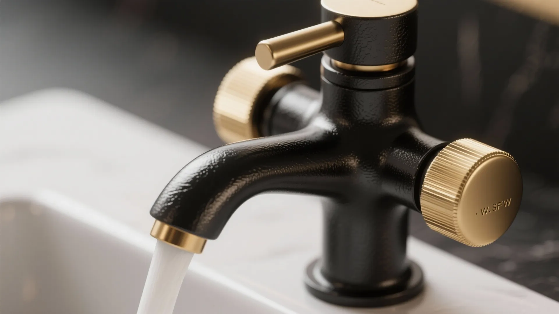 Macro of a matte black faucet with brushed gold handles showing texture and finish