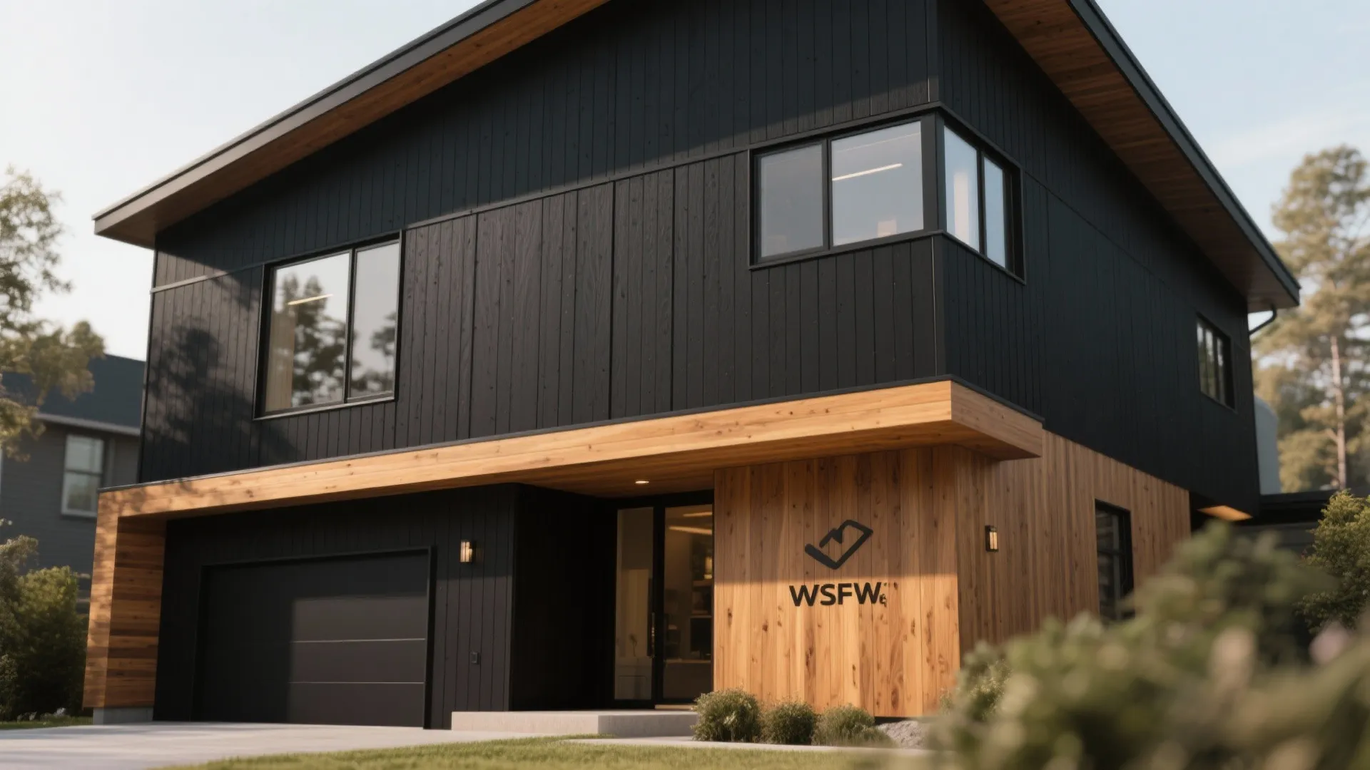 Modern two-story house featuring matte black vertical siding and light wood paneling with large windows