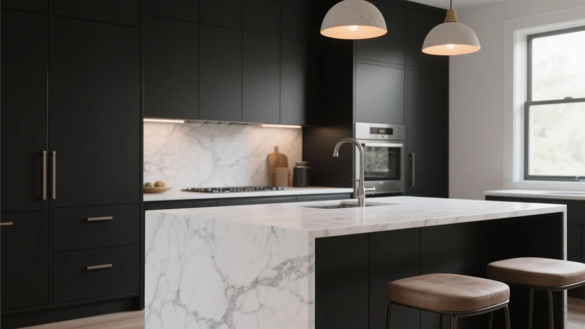 Sleek black kitchen design with marble island white stone back wall ceiling lights and leather stools