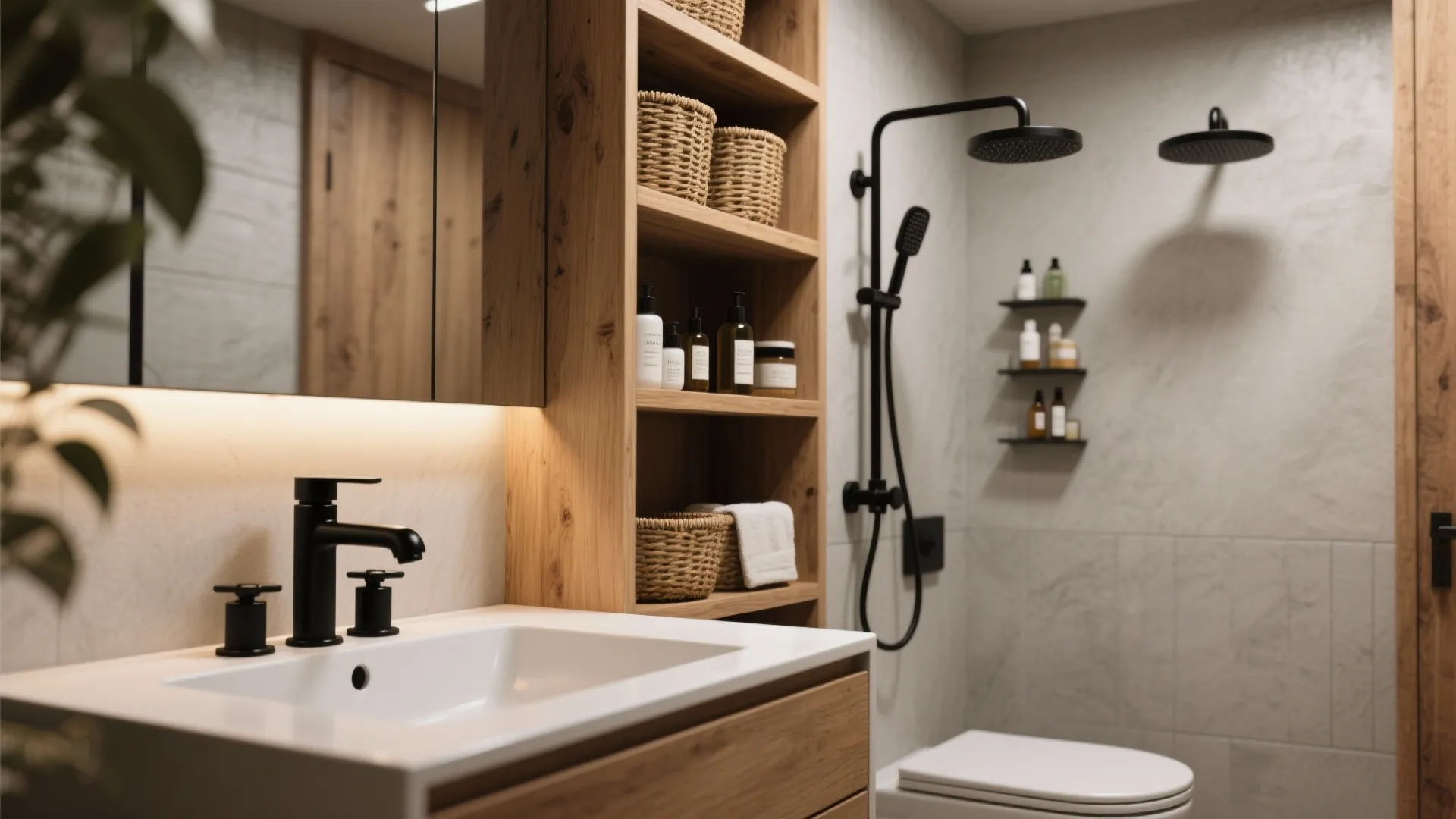 5. Matte black fixtures and open shelving