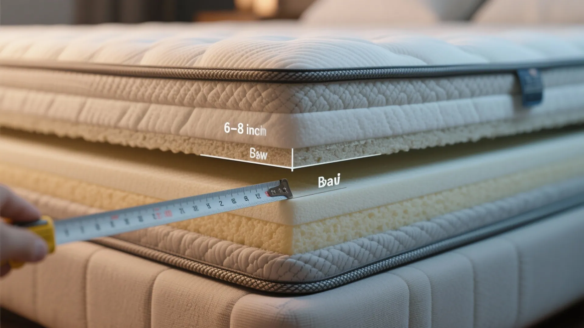 Macro view of a daybed mattress cross-section with ruler showing recommended 6–8 inch thickness.