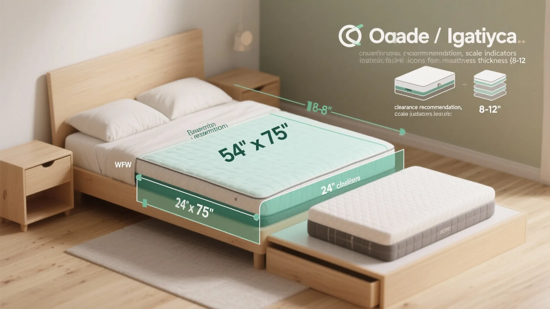 Wooden bed frame showing mattress size measurements fifty four by seventy five inches for room layout