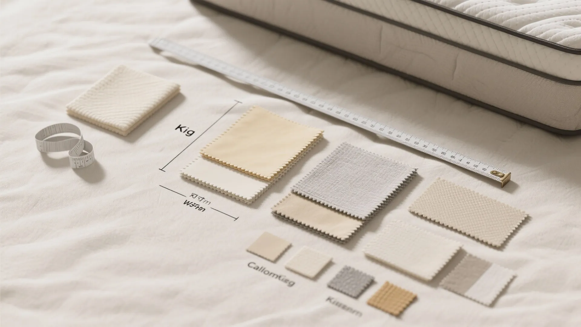Top-down flatlay showing mattress size samples and measuring tape for king and California king comparisons.