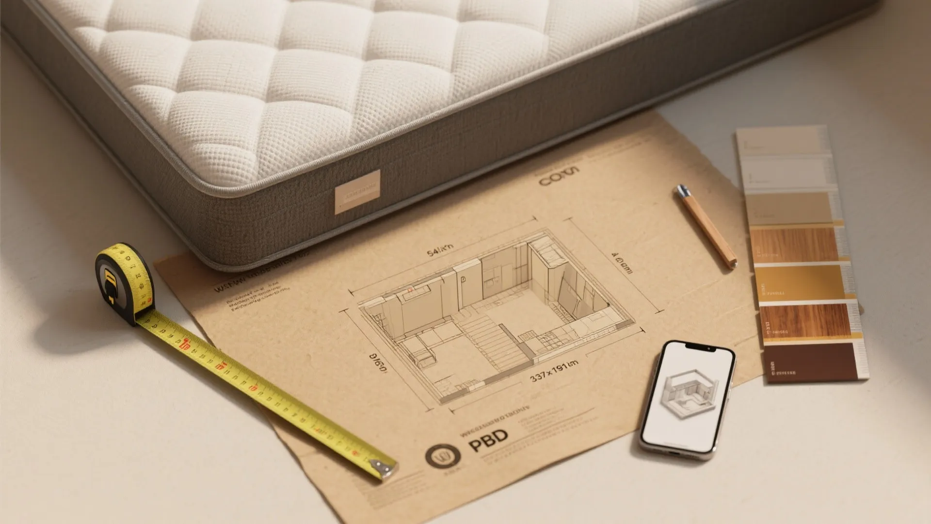 Flatlay with mattress dimension diagram (54 x 75 in), tape measure, and color swatches for planning a small bedroom.