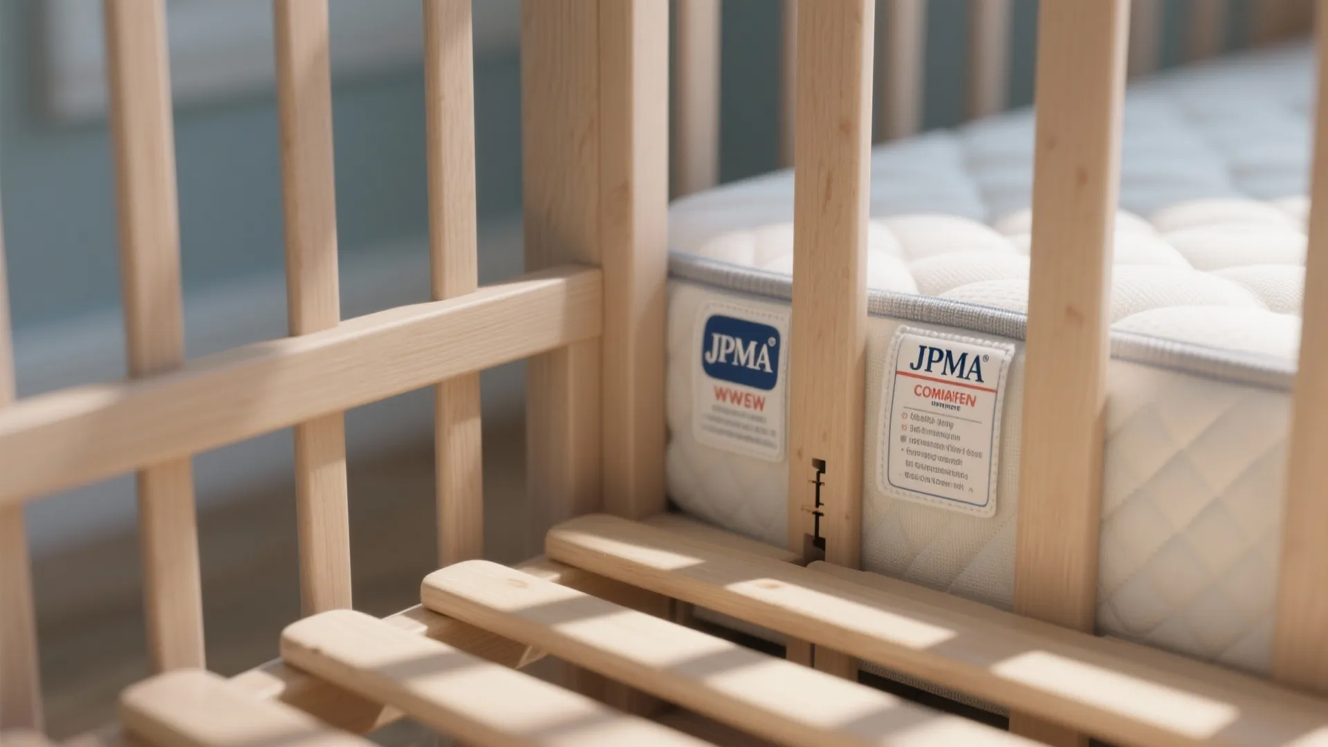 Close up of baby bed mattress with safety labels showing a snug fit against wooden slats