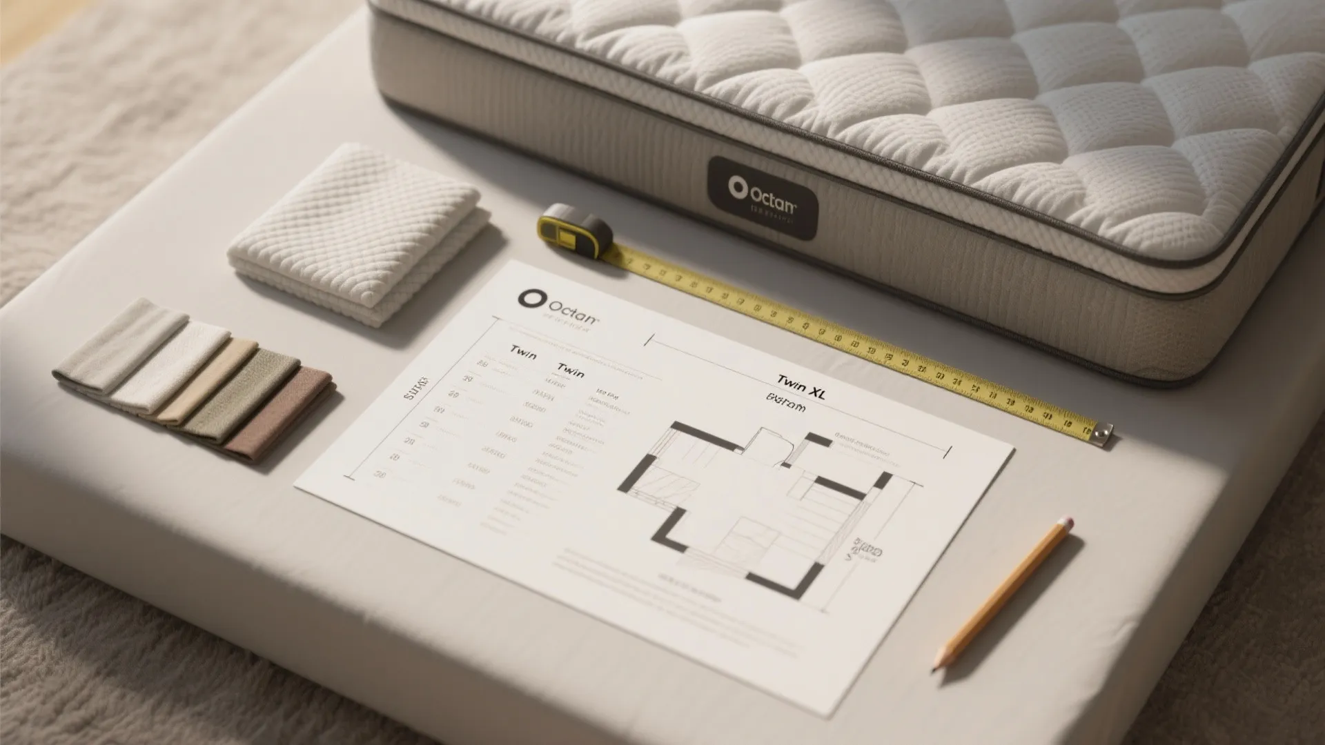 Flatlay of mattress size chart, measuring tape, fabric swatches and a floor plan mockup for twin and twin XL planning.