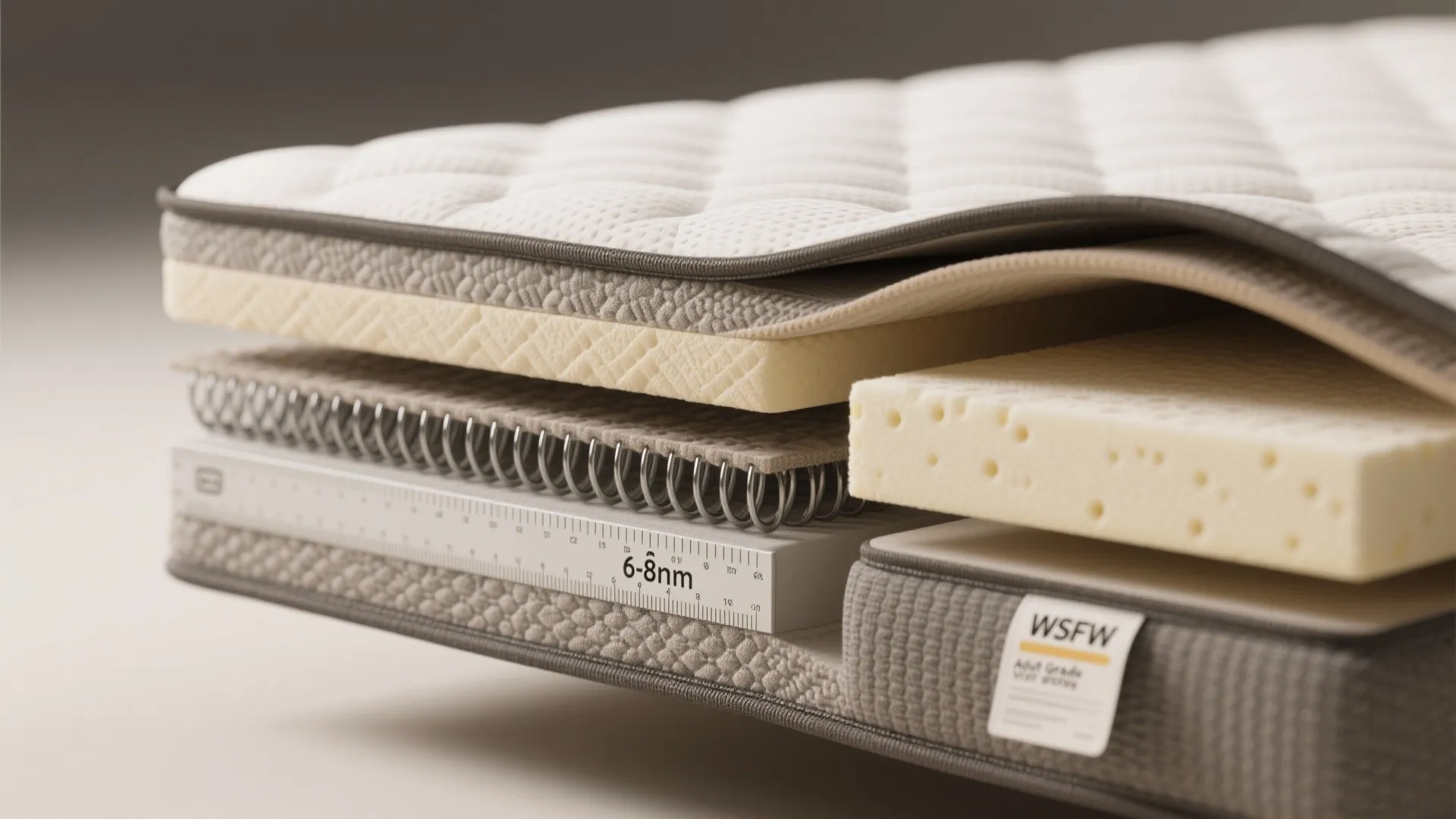 Cross section of a modern mattress showing internal layers of white foam and metal springs
