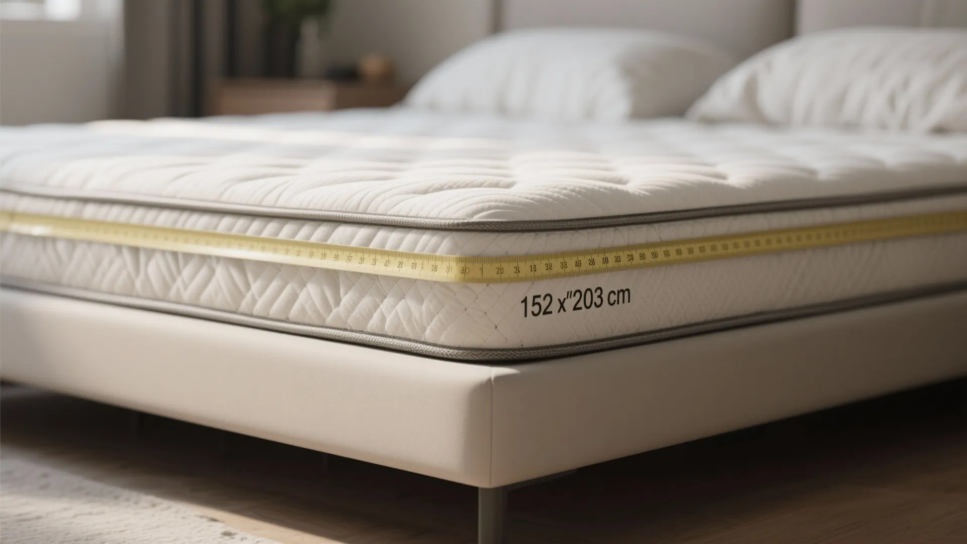White mattress on bed frame with yellow measuring tape showing dimensions in centimeters and inches