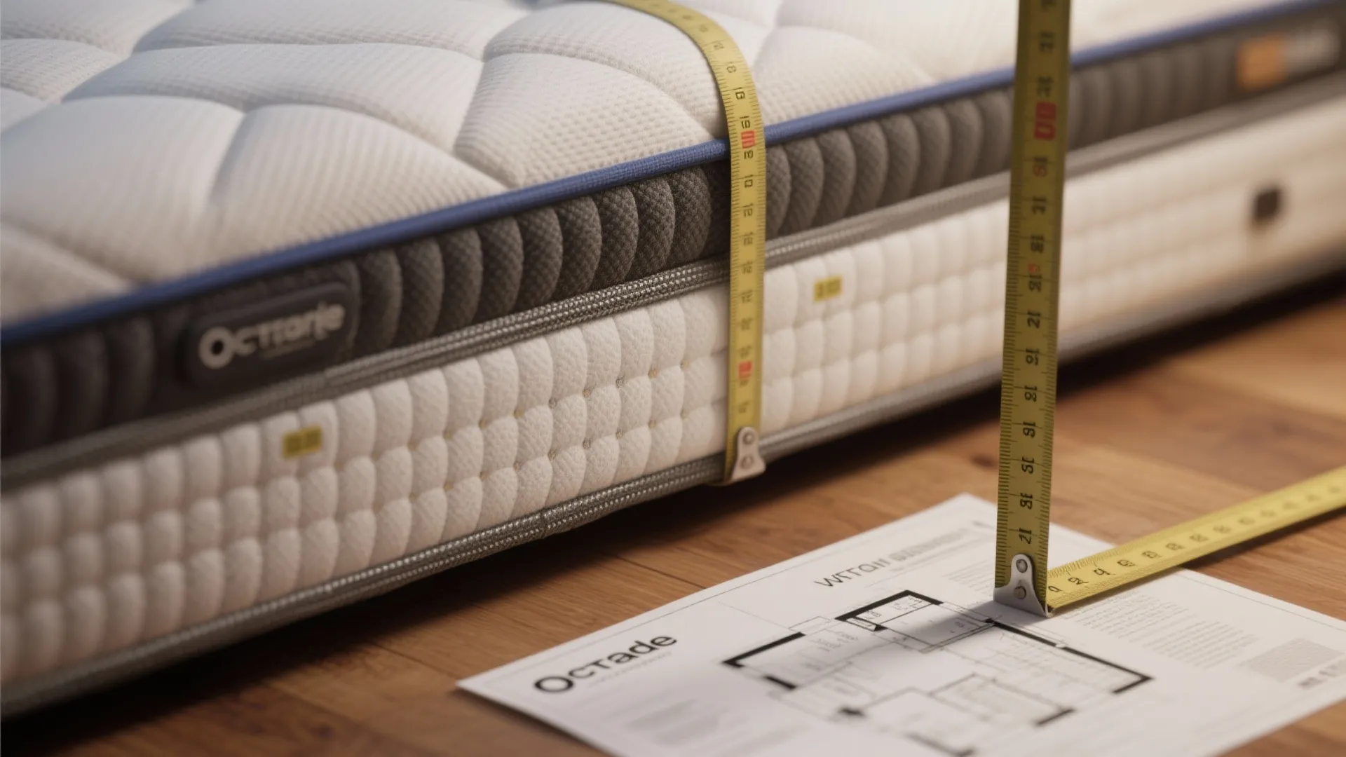 Yellow measuring tape showing the thickness of a mattress next to a printed home floor plan
