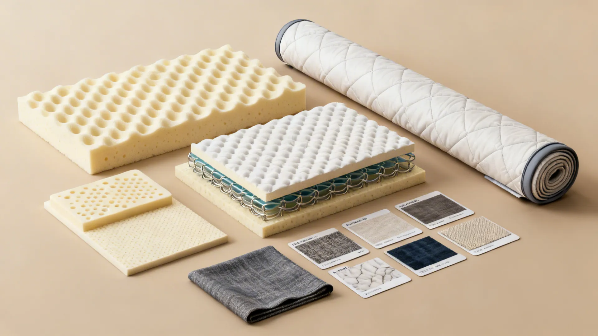 Various mattress material samples showing foam layers, metal springs, fabric swatches, and a rolled mattress