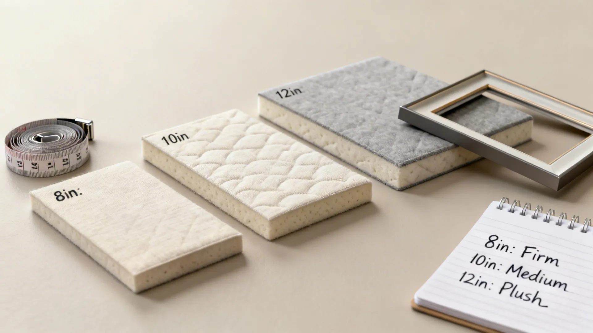 Top-down of mattress depth samples (8–12 inches), measuring tape and sizing notes for small bedrooms.