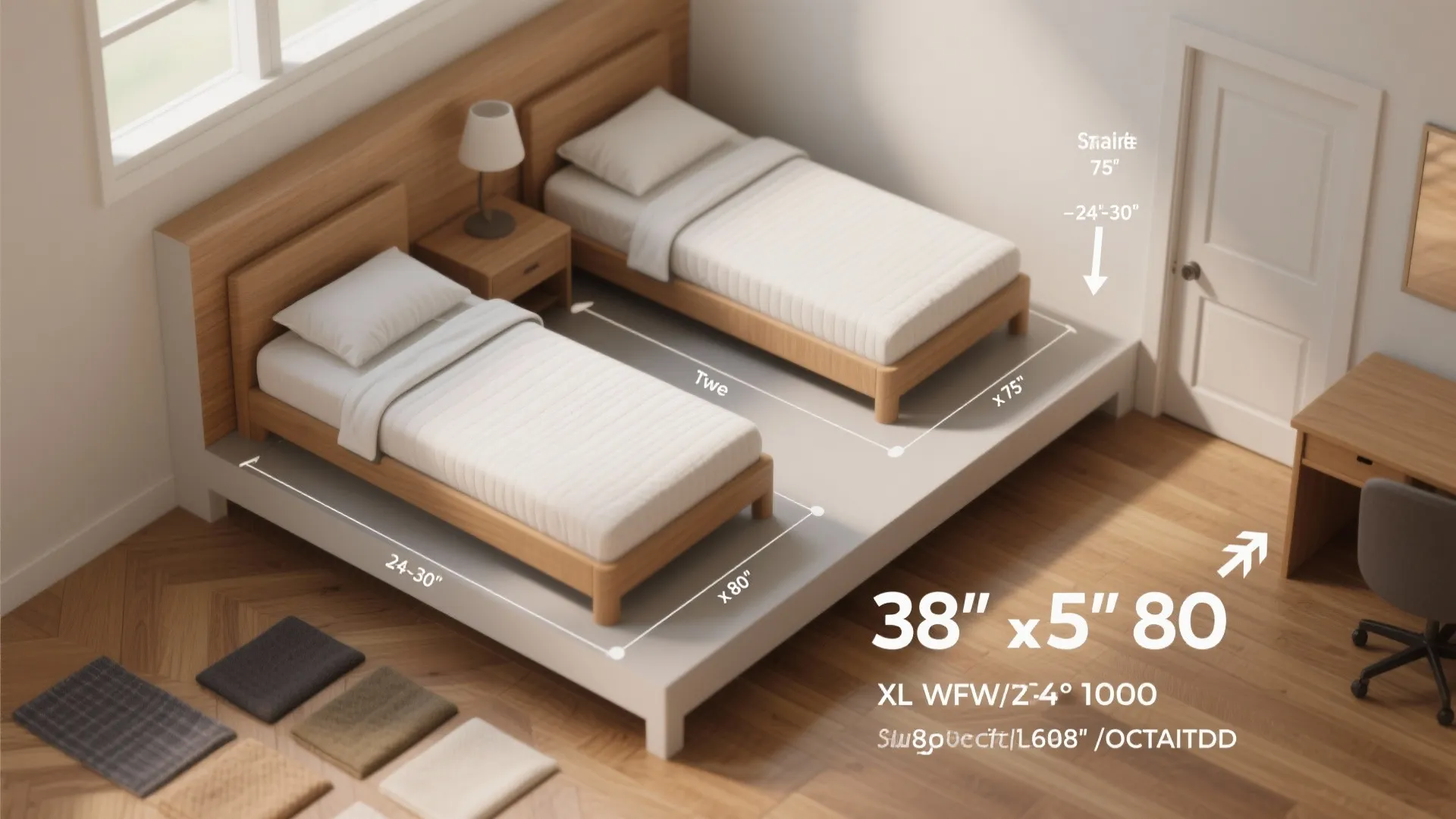 Infographic showing measurements for two twin size beds placed on a raised floor bedroom platform