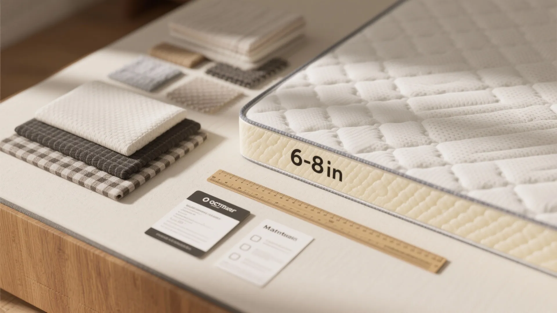 Close up of a mattress with fabric swatches and a wooden ruler for thickness measurement