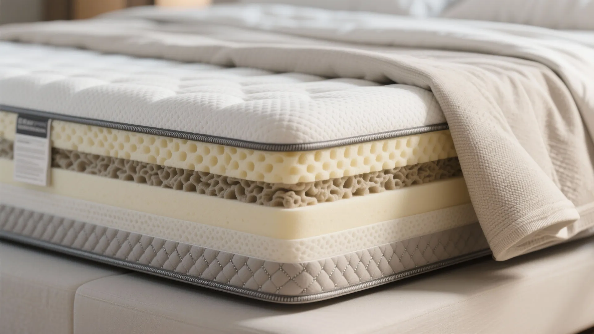 Cross-section of a foam mattress layered with a breathable latex topper