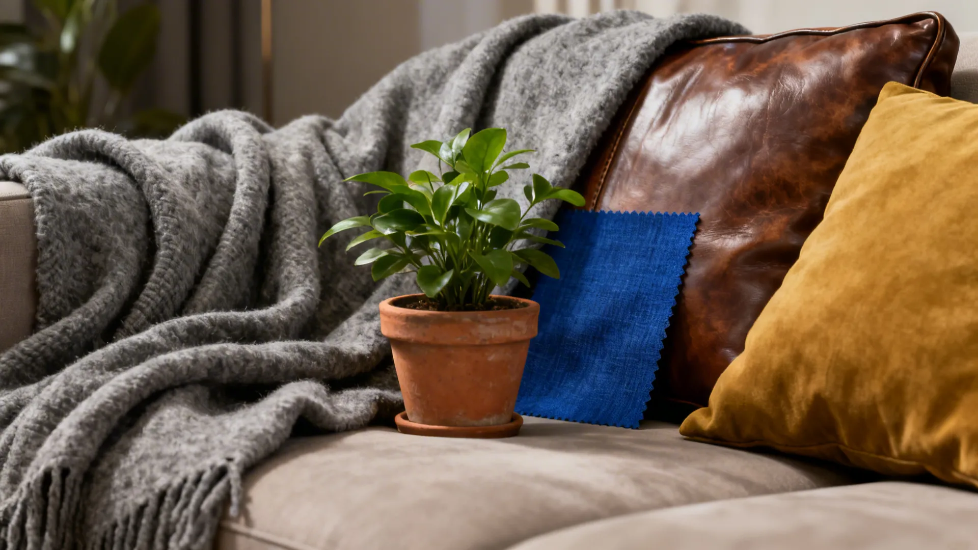 Vignette of leather, terracotta, warm gray and royal blue samples showing mature textures