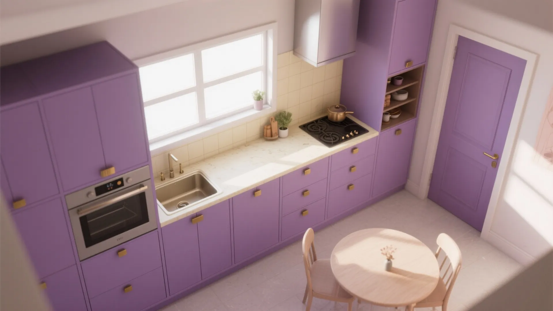 Modern purple kitchen design with white countertop wooden dining table set oven and large window