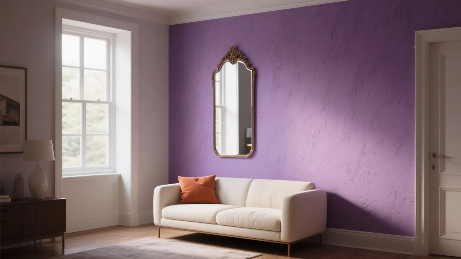 White sofa with orange pillow against a purple wall with a vintage gold framed mirror