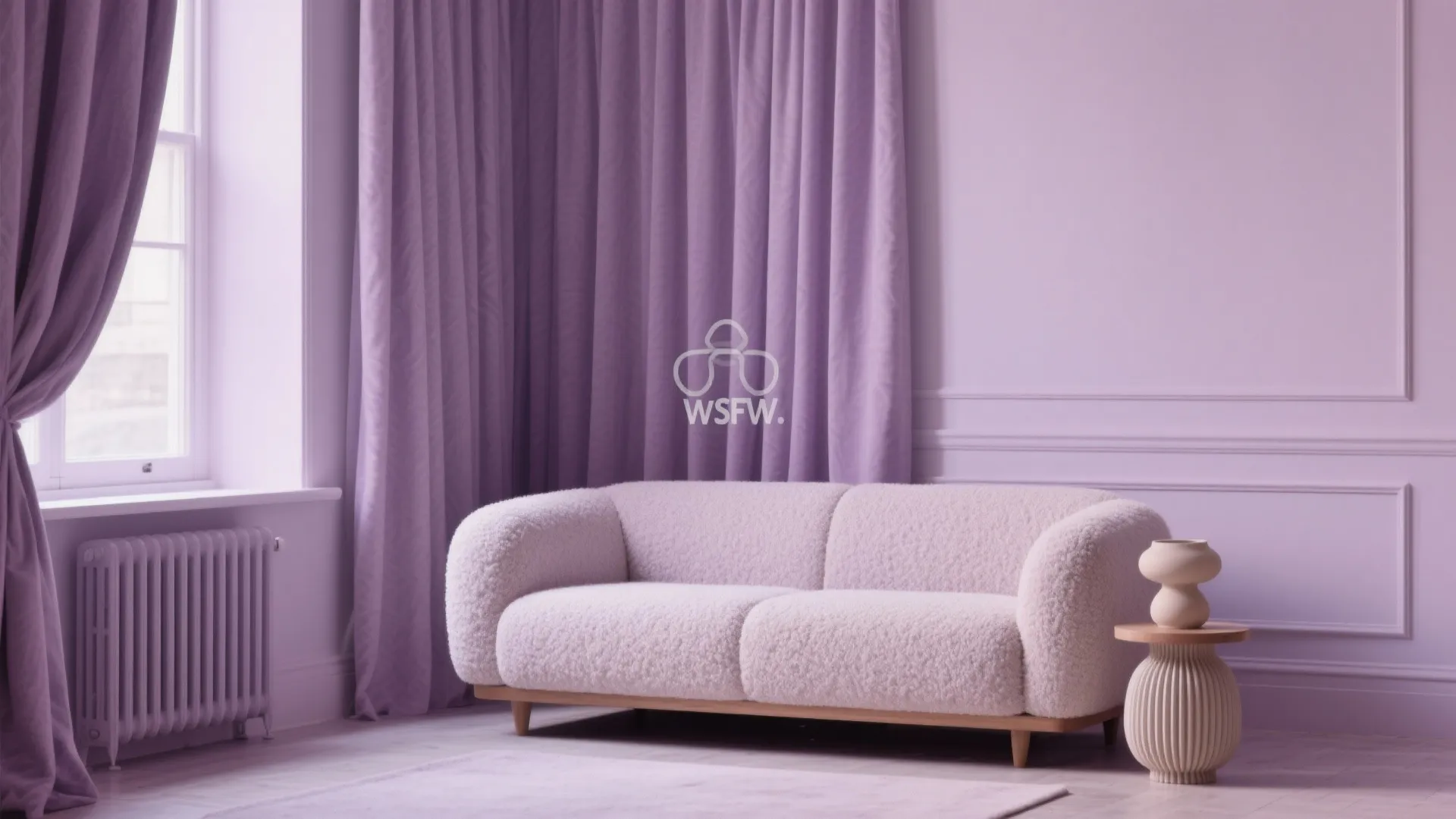 Modern purple living room featuring a textured white sofa, purple curtain, and small side table