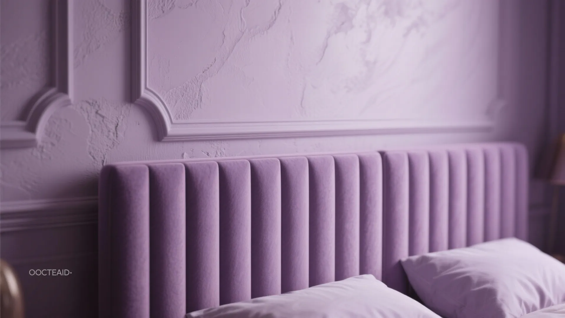 Purple velvet bed headboard with vertical stitching detail set against a textured purple wall panel