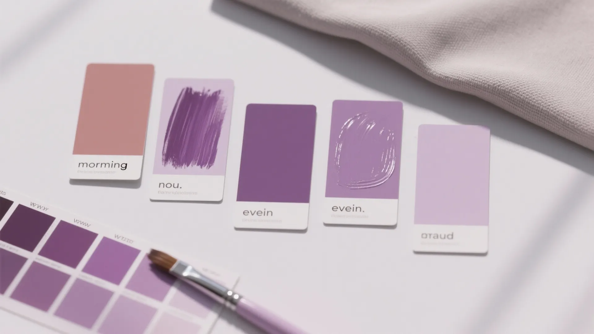 Purple paint color swatches on a white table with a small paintbrush and soft fabric