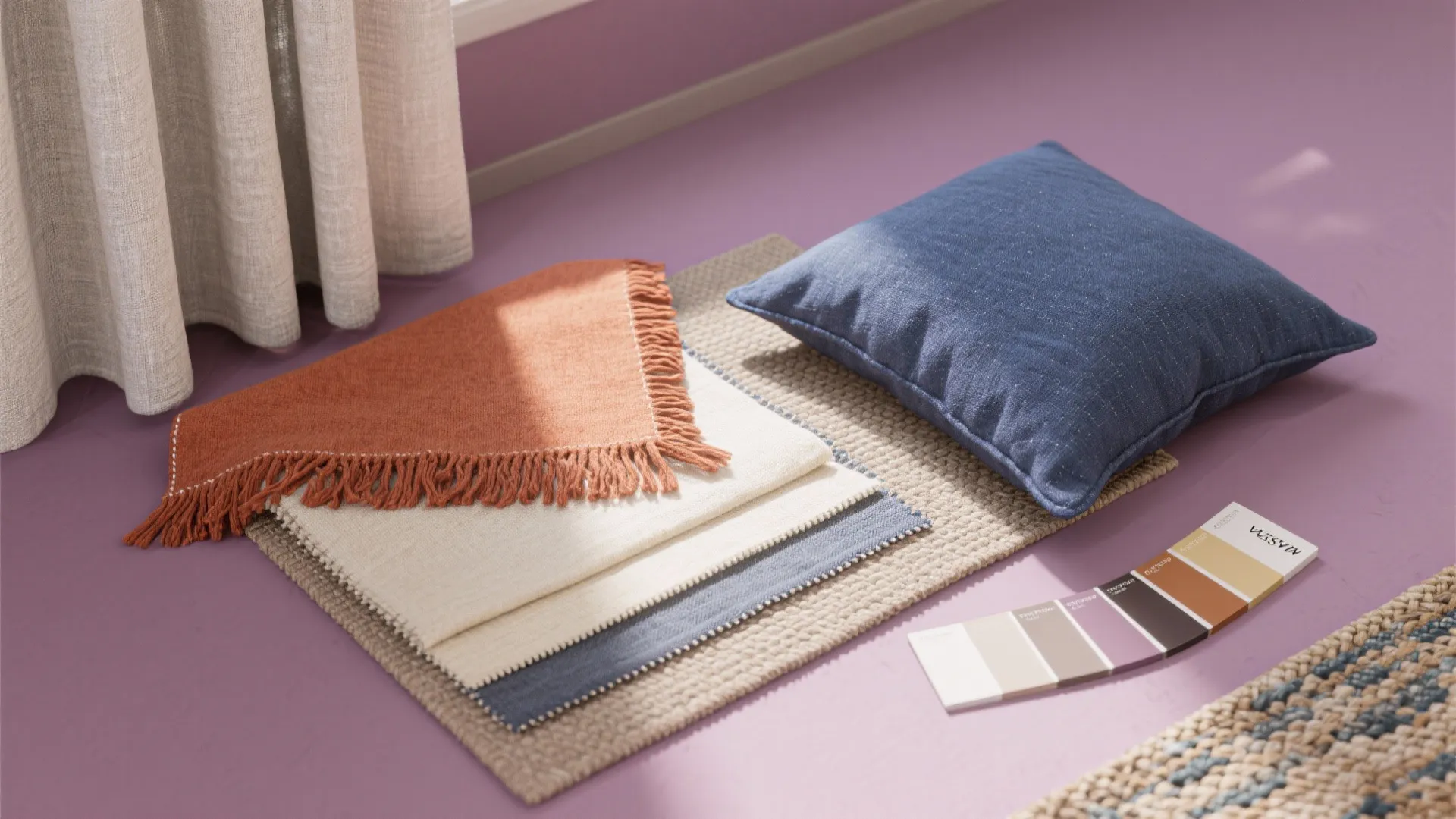 Fabric samples including orange fringe throw and blue pillow with a color palette on floor