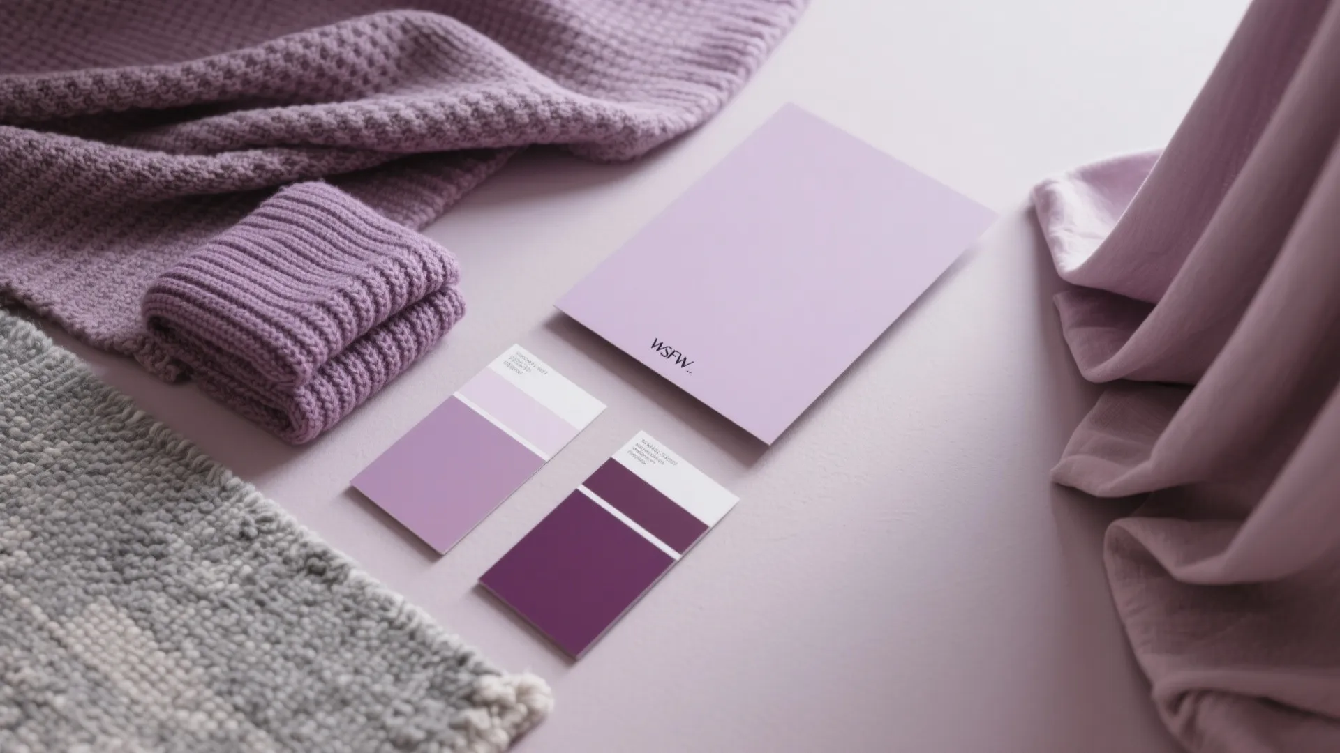 Collection of purple fabric swatches and color cards on a light purple surface with textile samples