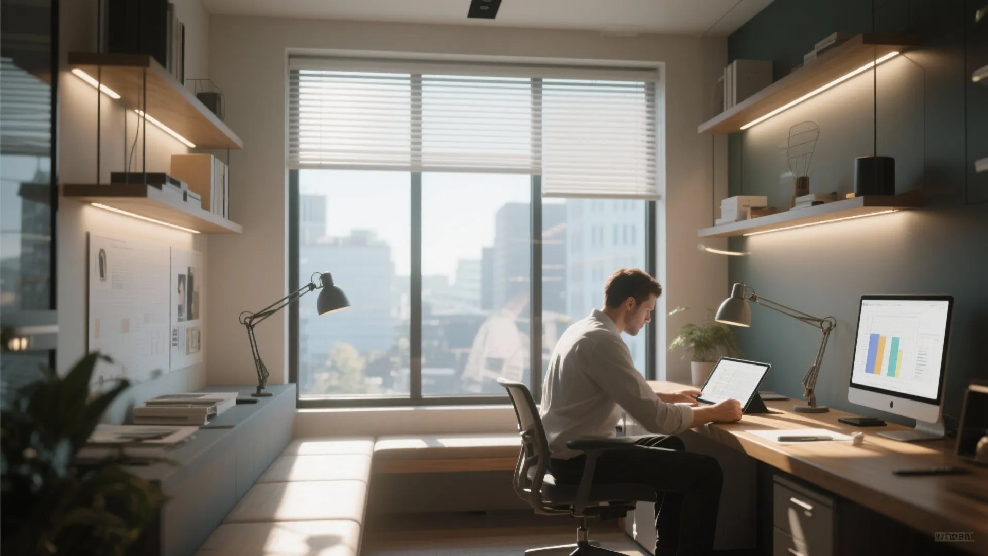 Man working on laptop at wooden desk in modern office with large window and shelving