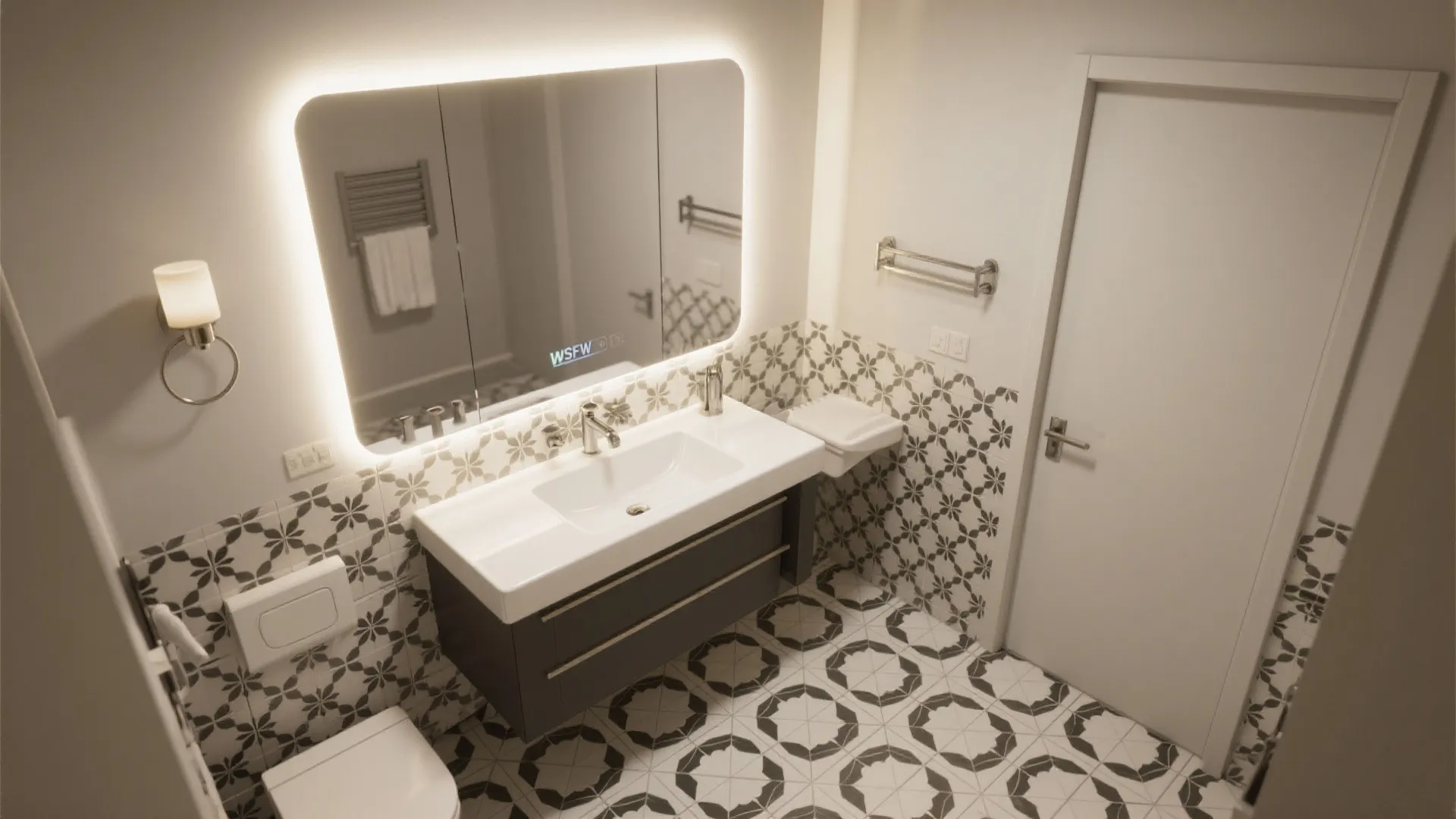 4. Maxi-Mirror, Layered Lighting, and High-Contrast Tile