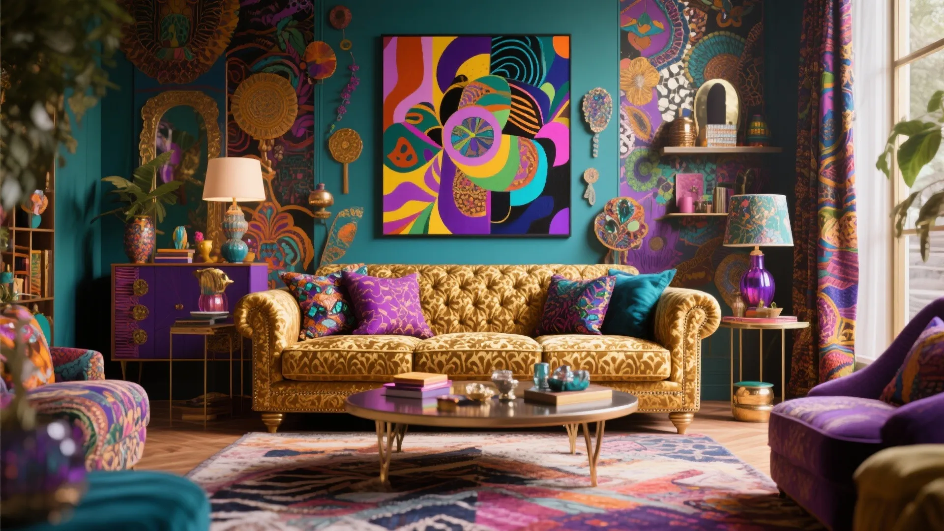 Colorful living room featuring yellow sofa purple cabinet and bold patterns on the wallpapered walls