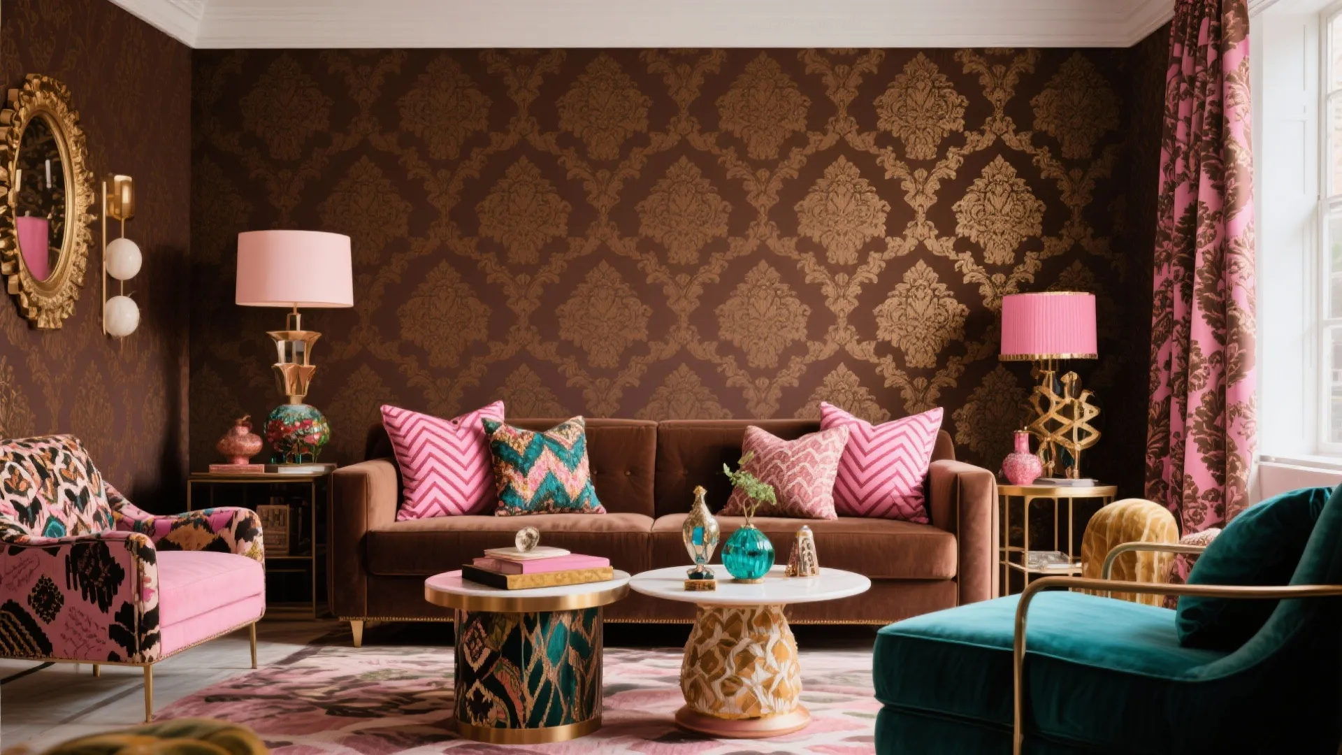 Eclectic living with patterned brown wallpaper and pink cushions