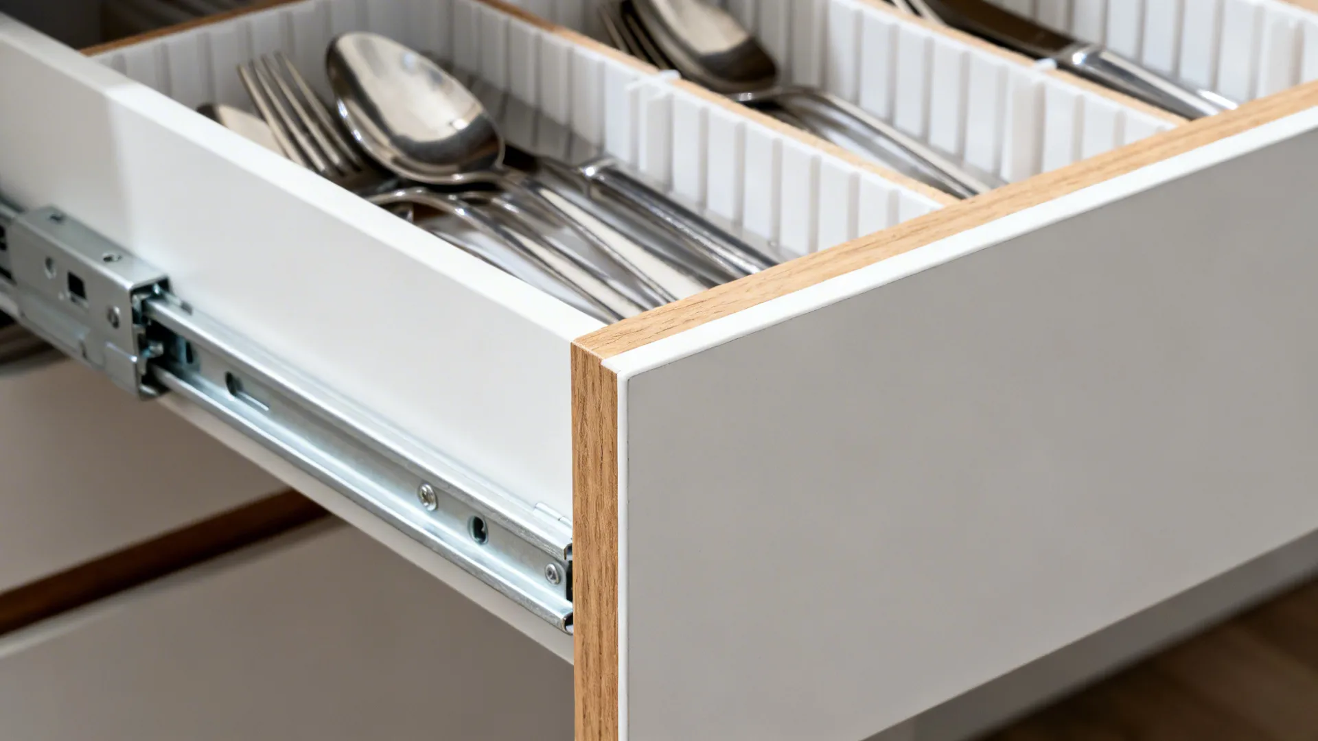 Close-up of a MAXIMERA full-extension drawer slide with organized inserts.