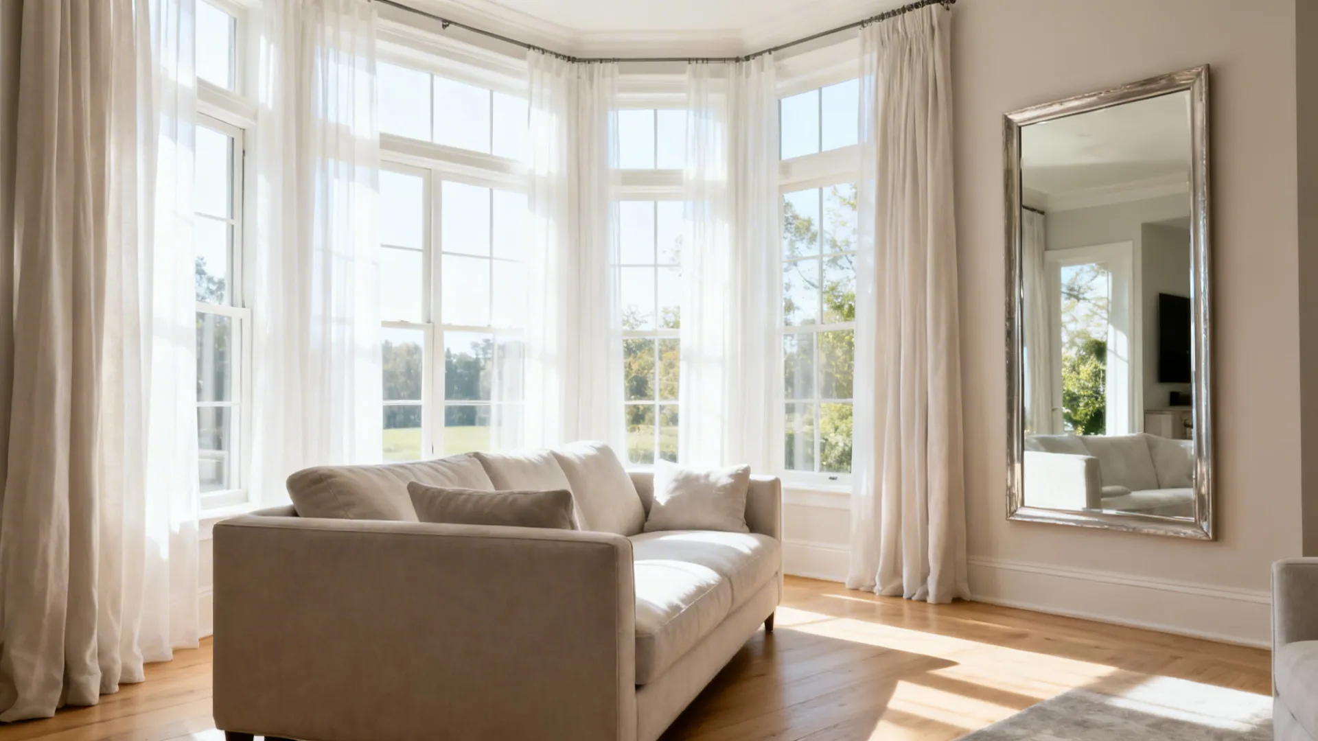 Living room oriented to a bay window with sheer curtains and mirrors to maximize daylight