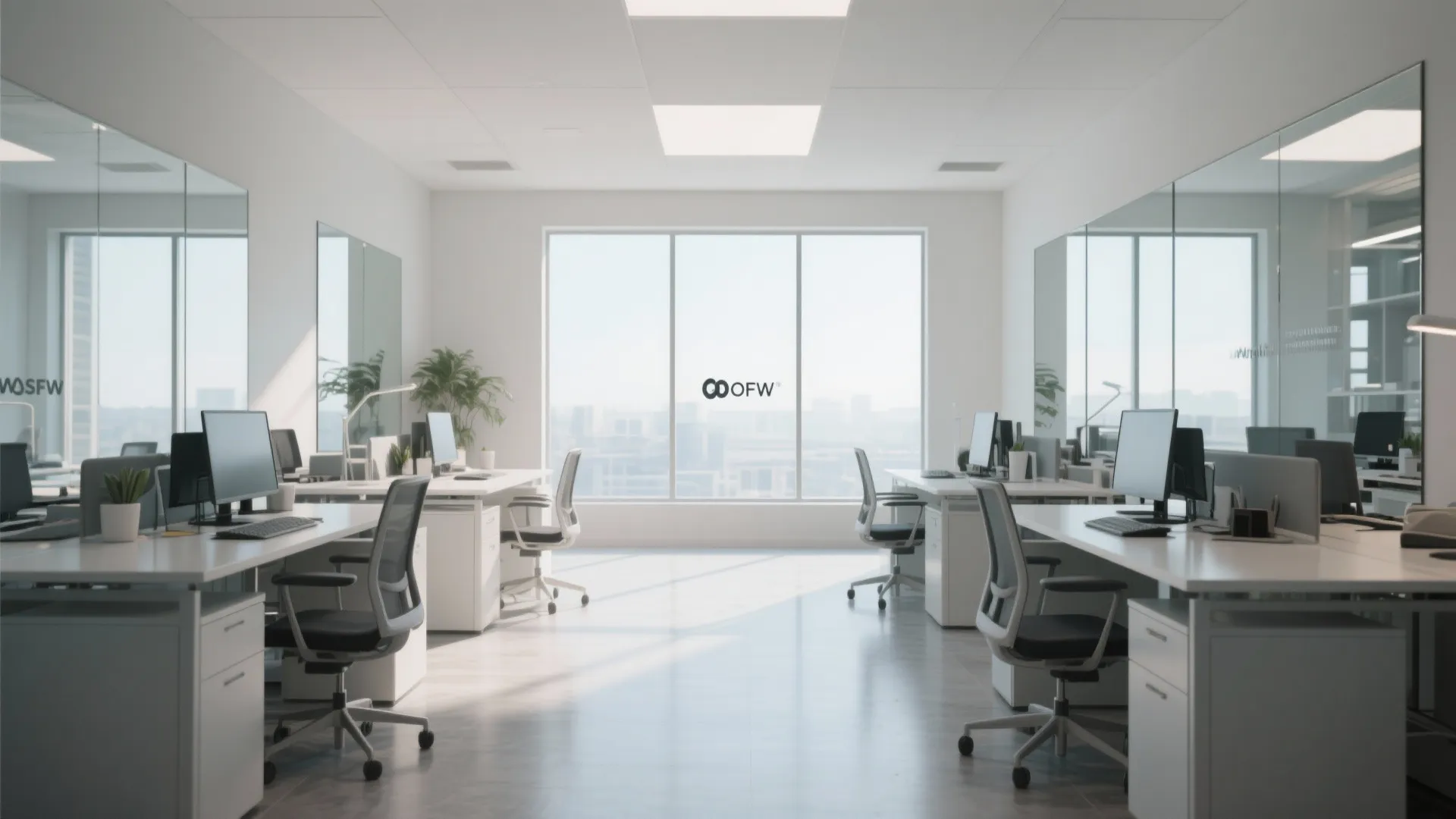Bright white office interior with several rows of desks facing large windows and natural light
