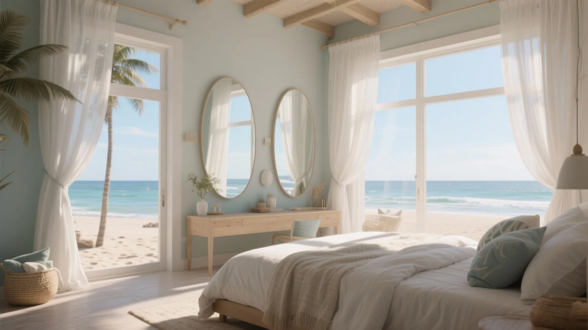 Bright bedroom with large windows showing beach view, two round mirrors, white curtains, and desk