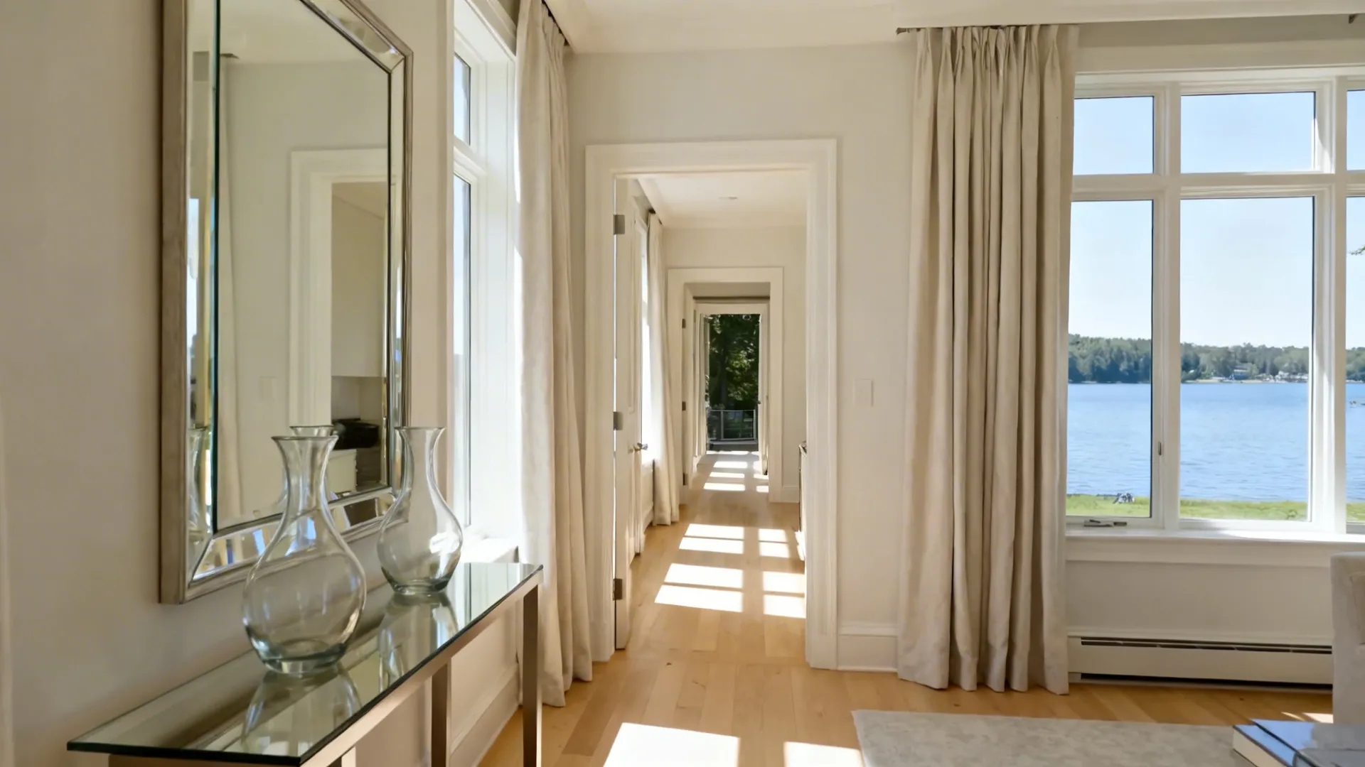 Small lake house interior using a mirror and glass accents to reflect natural light and open the space.