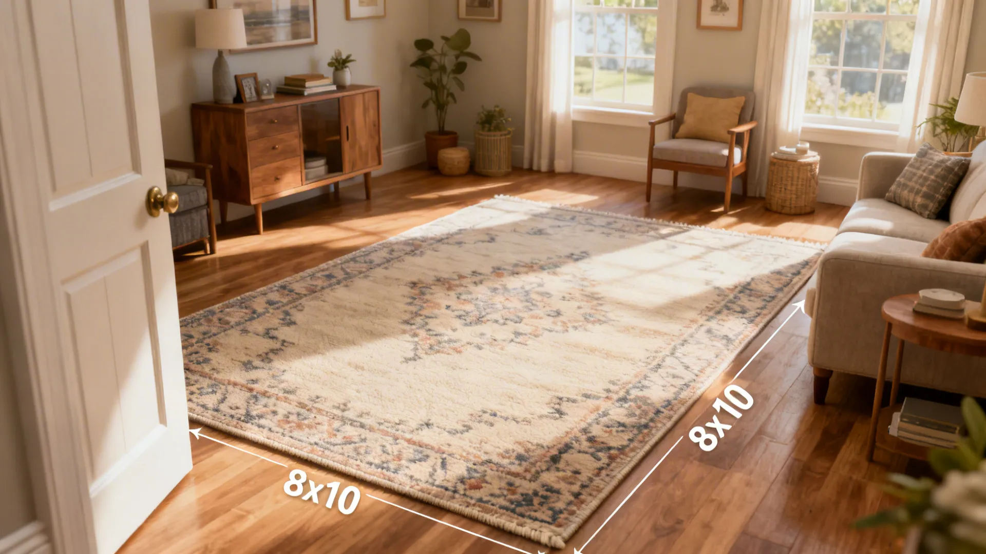 Sofa legs resting on patterned area rug inside a bright living room with wooden floors