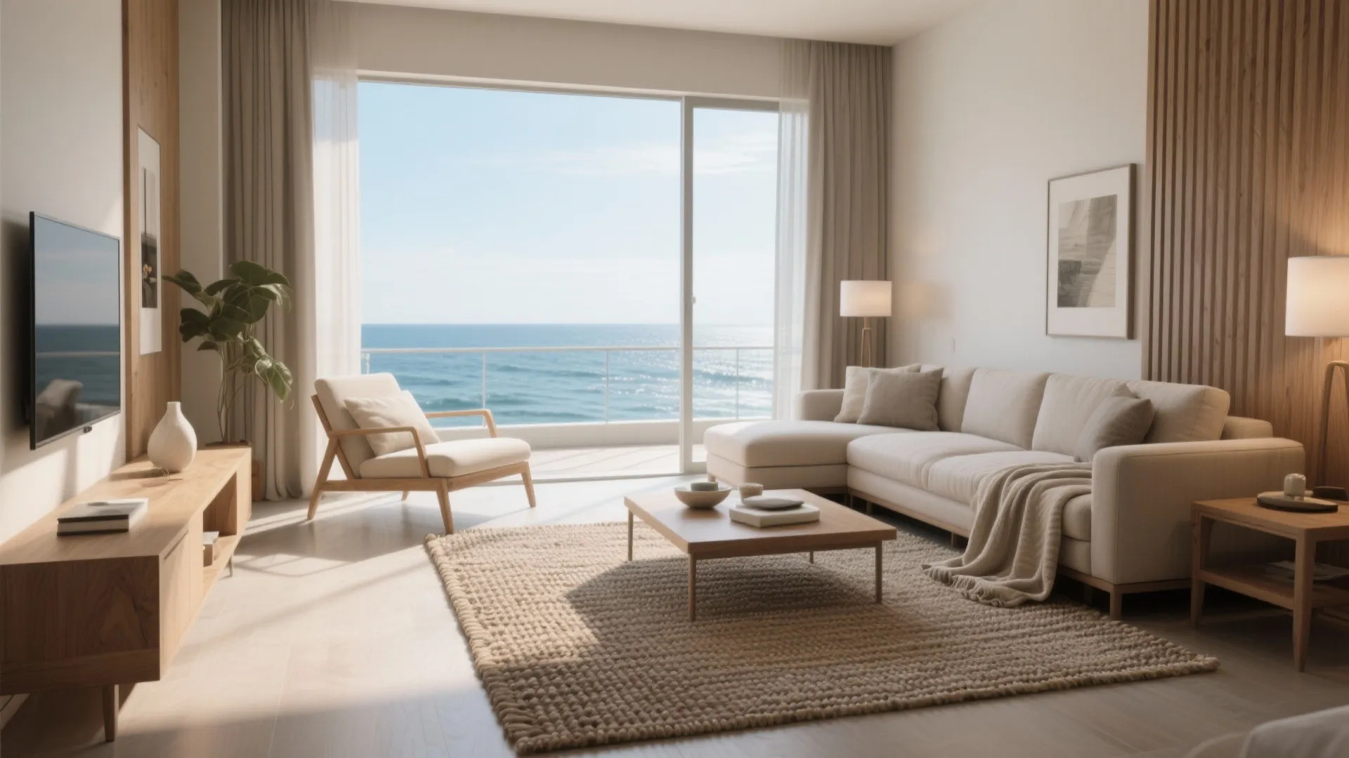 Living room with low-profile seating pushed to the edges to keep an unobstructed ocean view