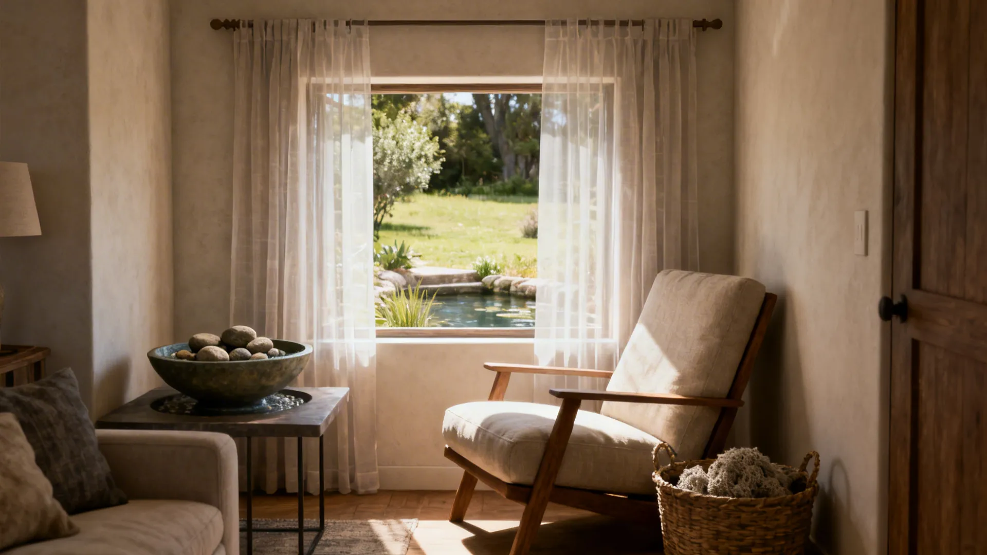 Small living room oriented to a small window with sheer curtains and nature accents like a tabletop fountain and natural stones.