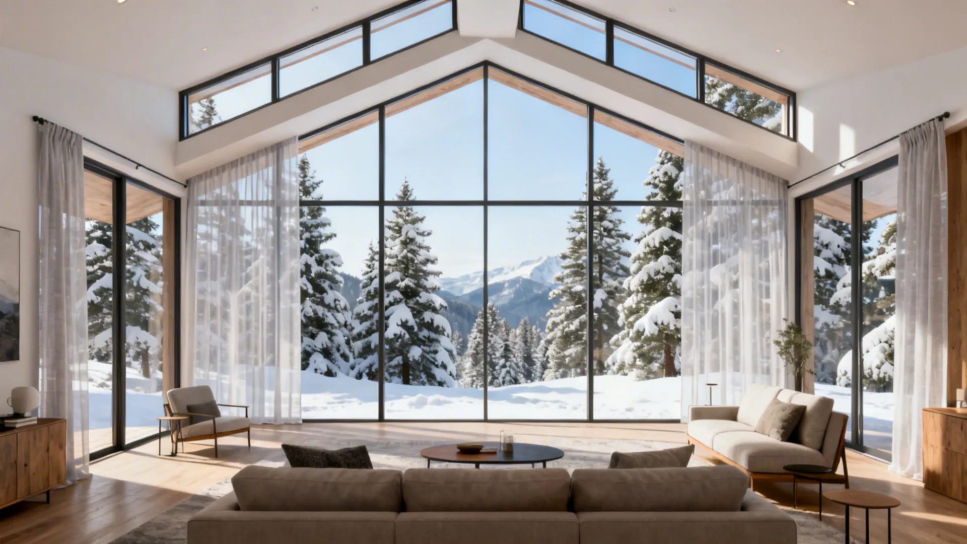Interior with floor-to-ceiling windows and clerestory glazing looking out to snow-covered pine views.