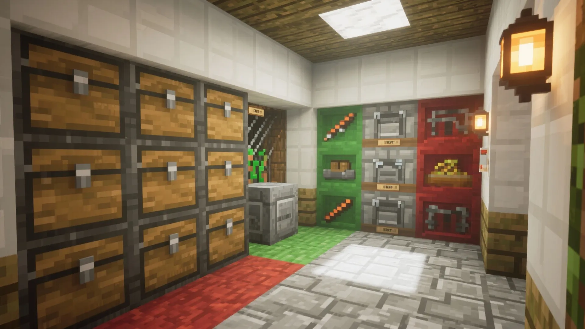Minecraft room interior with wooden storage cabinets stone floor green walls and warm wall lights