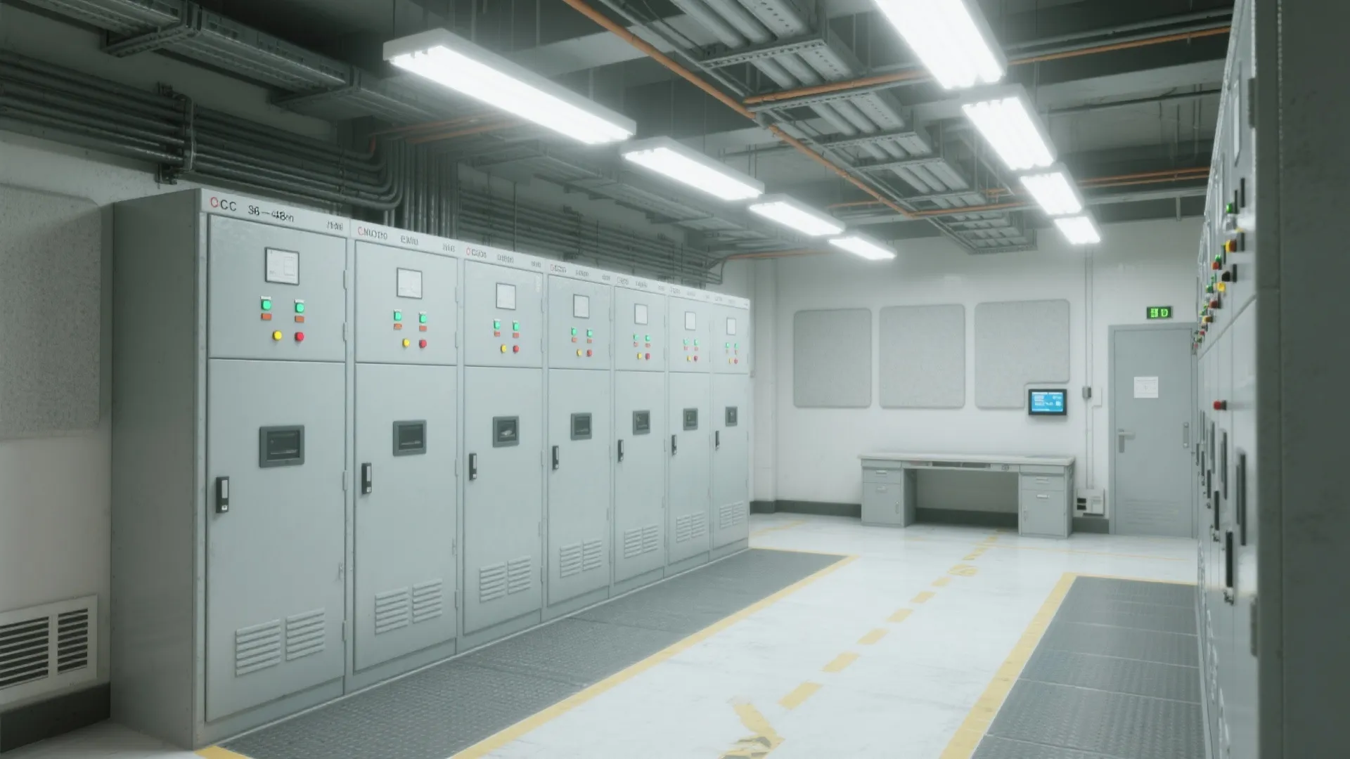 Industrial control room with grey cabinets, bright ceiling lights, small metal desk, exposed ceiling pipes