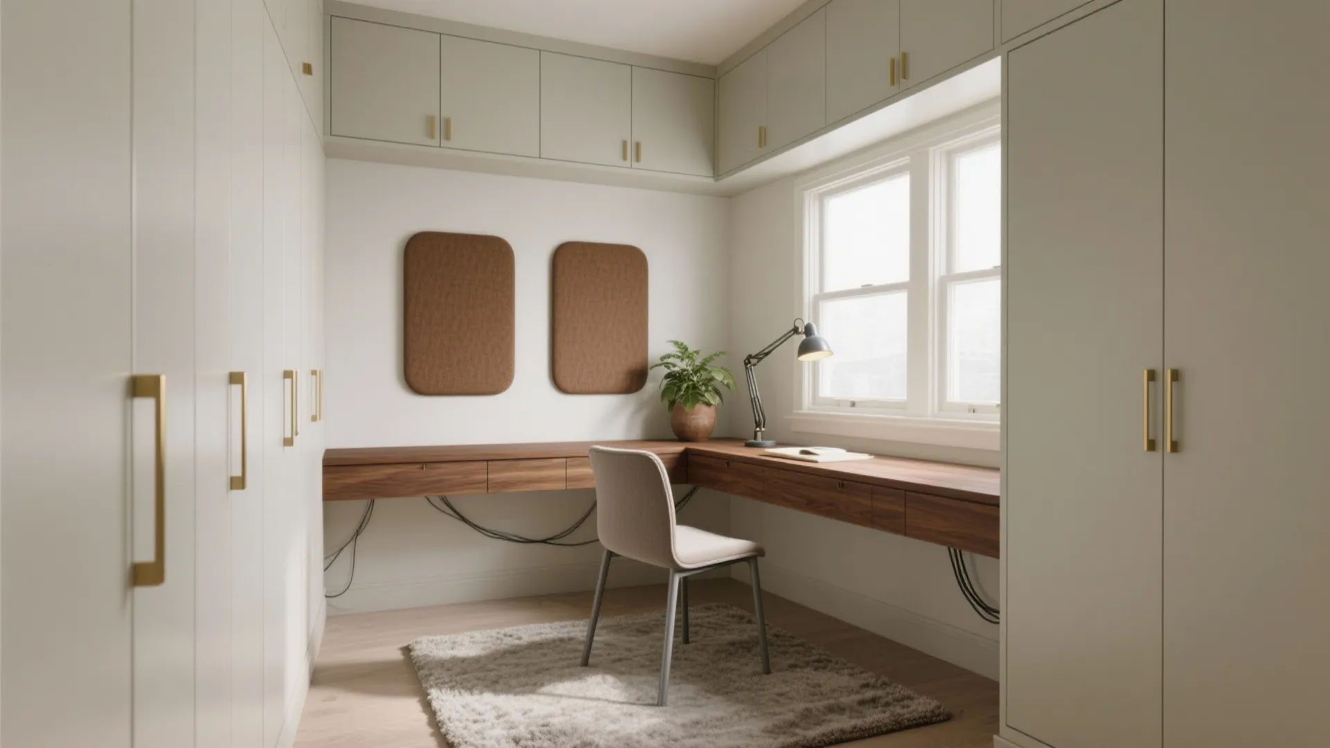 Minimalist home office with corner wood desk white cabinets grey chair rug and large bright window