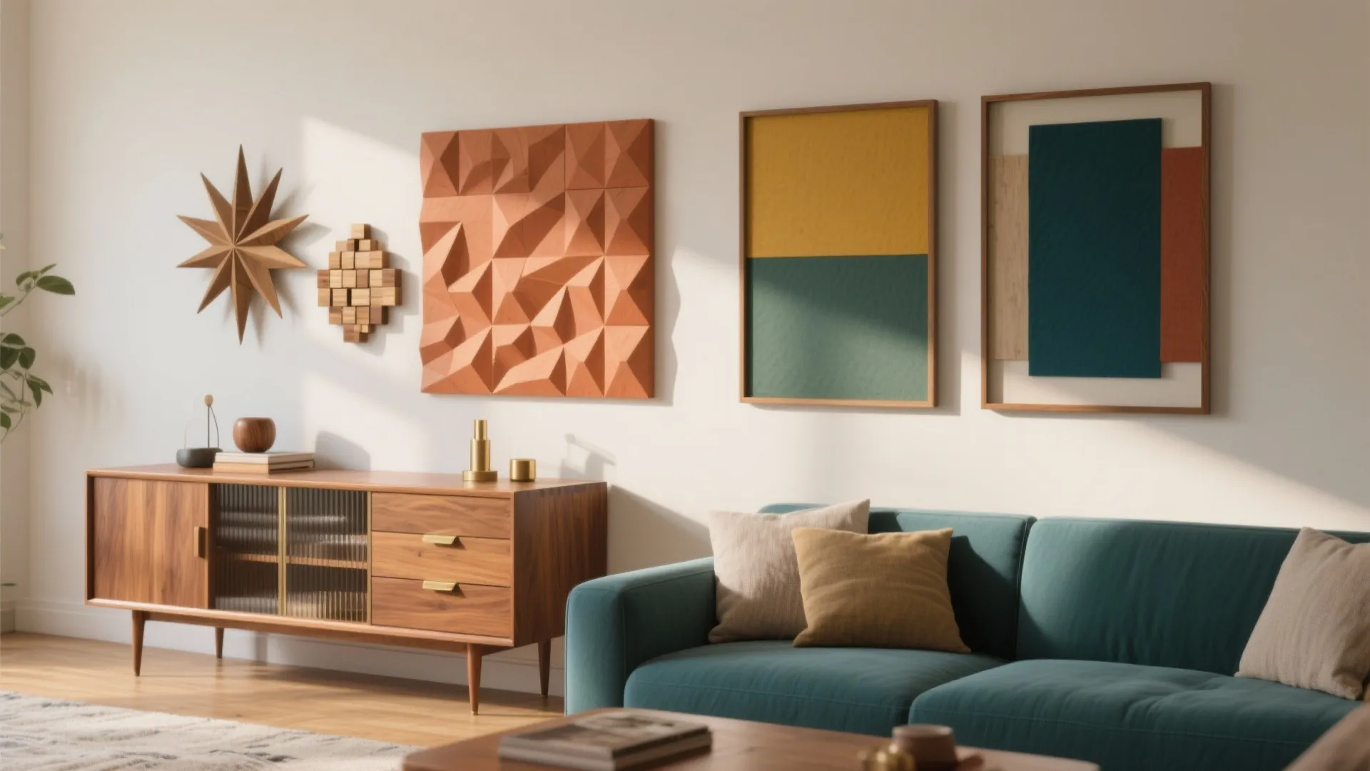 Modern living room with teal sofa wooden cabinet geometric wall art star decoration and natural light