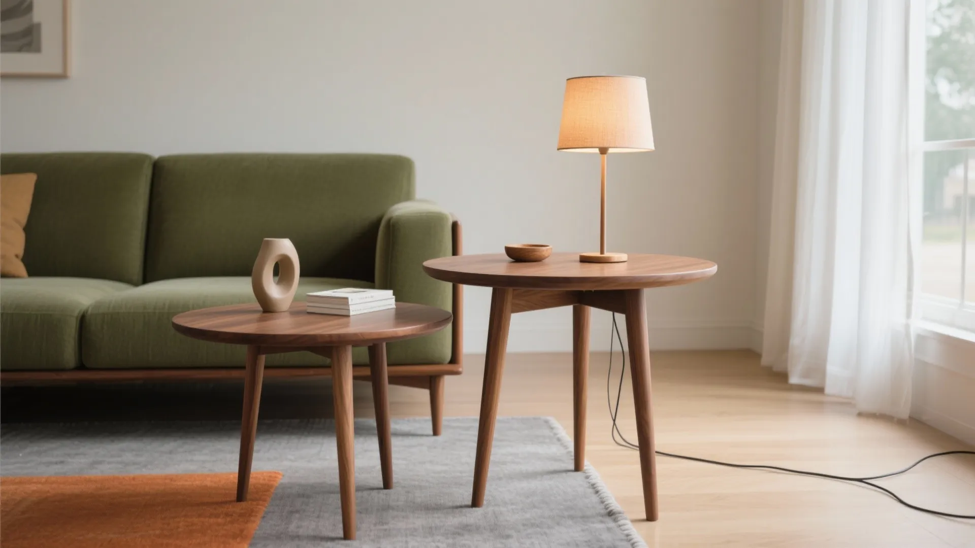 Modern living room featuring two round wooden side tables with a lamp and green sofa