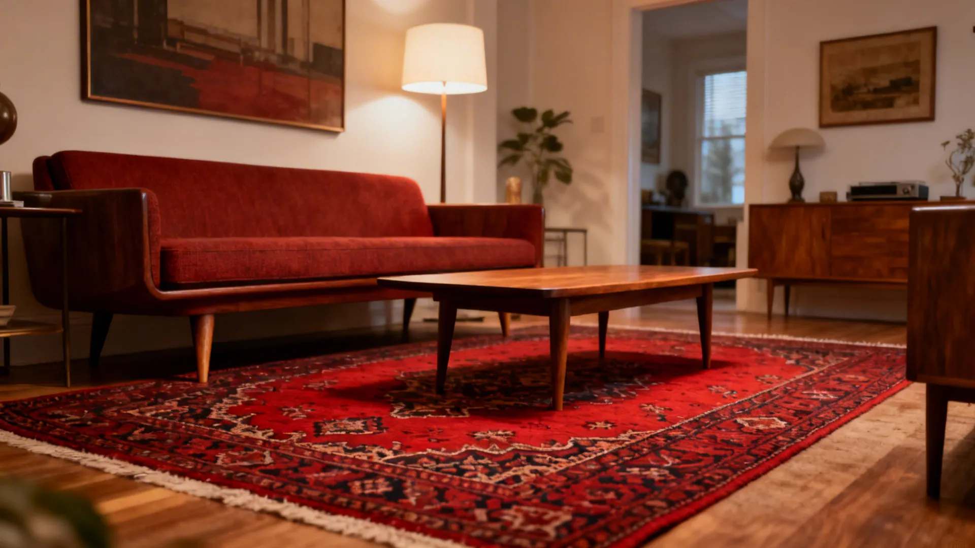 Living room with red sofa, wooden coffee table, floor lamp, and large red patterned rug