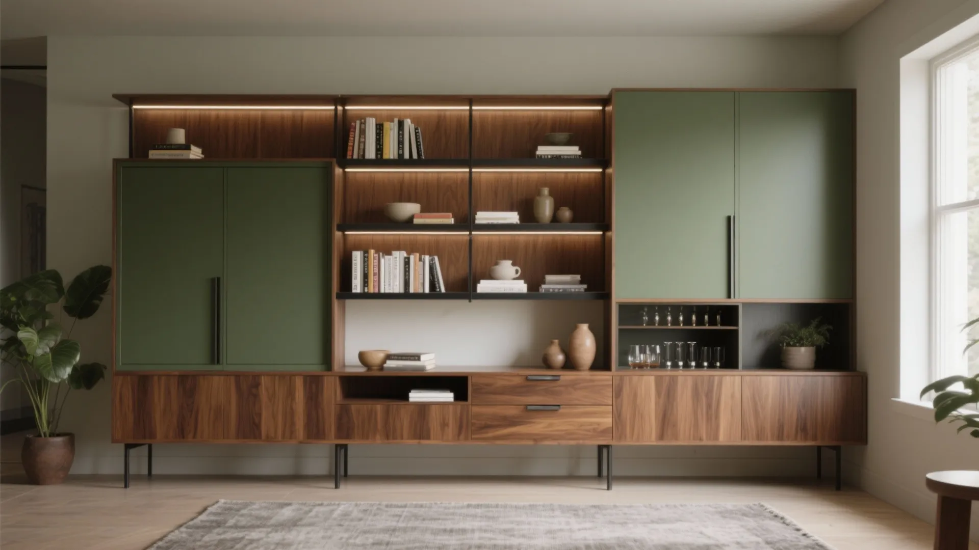 Modern wood wall cabinet with green doors and open shelves featuring integrated light for interior design